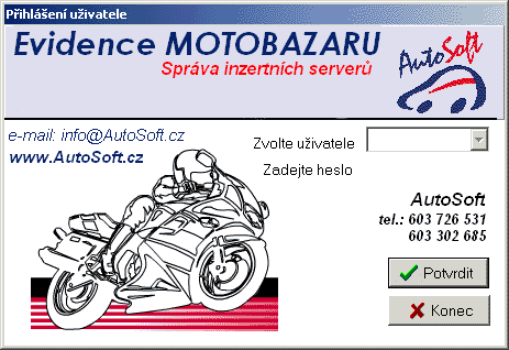 vodn obrazovka programu Evidence MotoBazaru v.8.x pro Windows 